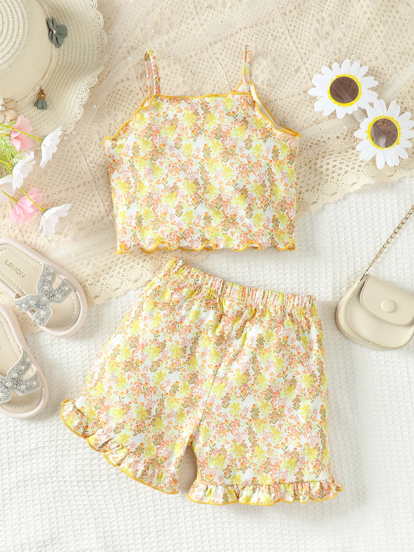 2PCS Summer Kid Girls Lovely Clothes Set Floral Sling Top with Shorts Fresh Pastoral Daily Casual Costume Childre Girl 4-7 Years