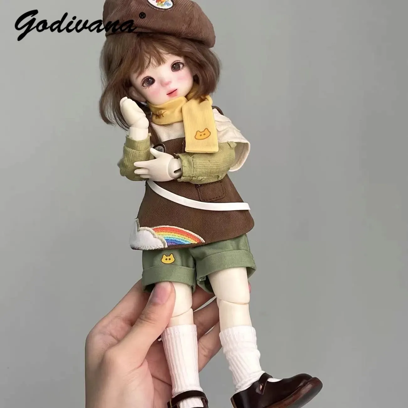 Cute Artist Painter BJD Doll Outfit 1/6 Rainbow Embroidery Apron Long Sleeves T-shirt Beret Hat Scarf Casual Doll Clothes