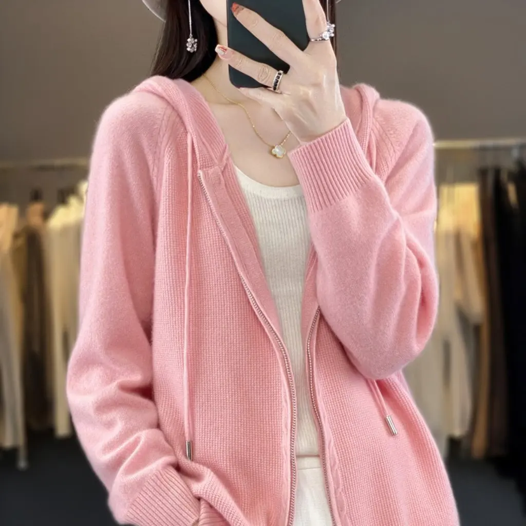 

Women's Hooded Cardigan Sweater 100% Pure Sheep Wool Zipper Casual Fashion Loose Fit All-match Coat Top