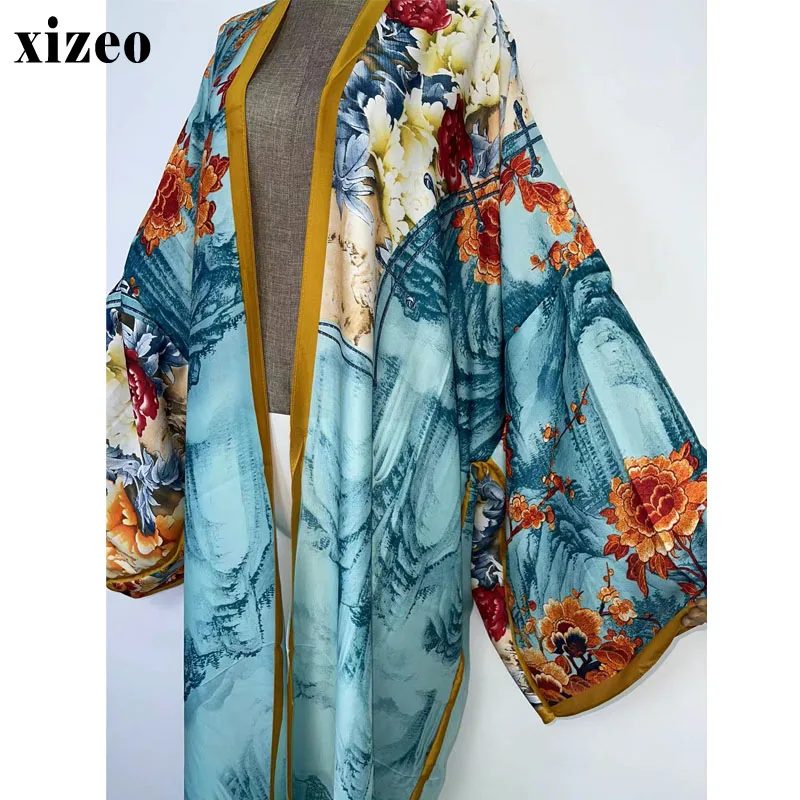 XIZEO  Summer Women Cardigan stitch fashion sexy Boho African Holiday free size long Sleeve Silk feeling Robe kimono kaftan