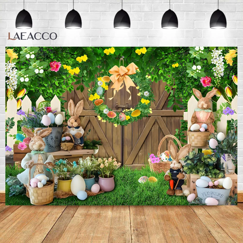 Spring Easter Garden Photography Backdrop Easter Colorful Eggs Bunny Flower Meadow Wood Door Background Baby Portrait Banner