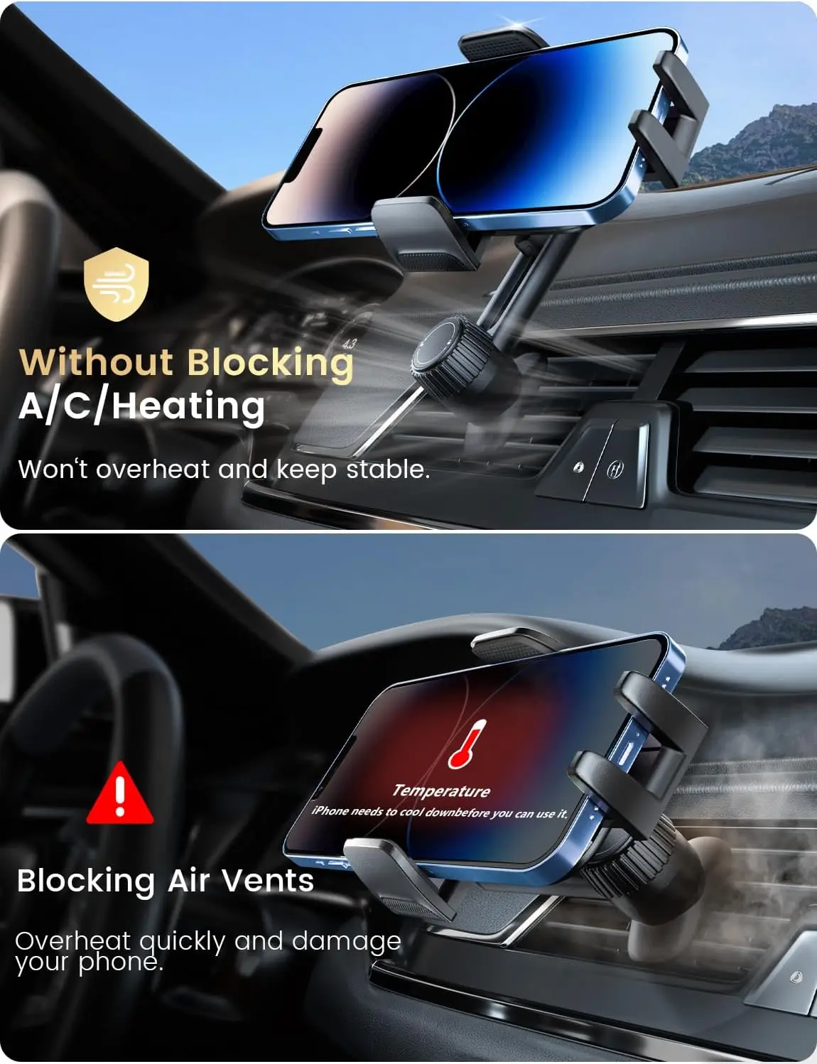 Автомобильный держатель для телефона с вентиляционным отверстием для iPhone 17 Pro Max и Android — громкая связь, толстый чехол