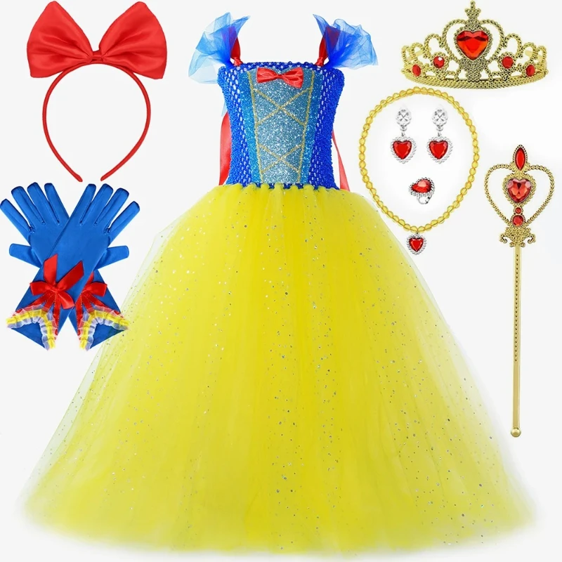 Princess Costume for Girls Glitter Princess Dress Up Outfits Blue & Yellow Toddler Kids Halloween Birthday Party Tutu Dresses