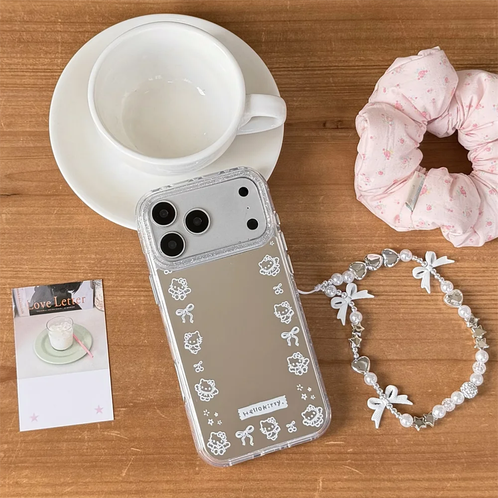 

Glitter Camera Mirror Phone Case for iPhone 17 Pro 16 15 17 16 Pro Max Cover Cute HelloKitty with Chain Cartoon Shockproof Cases