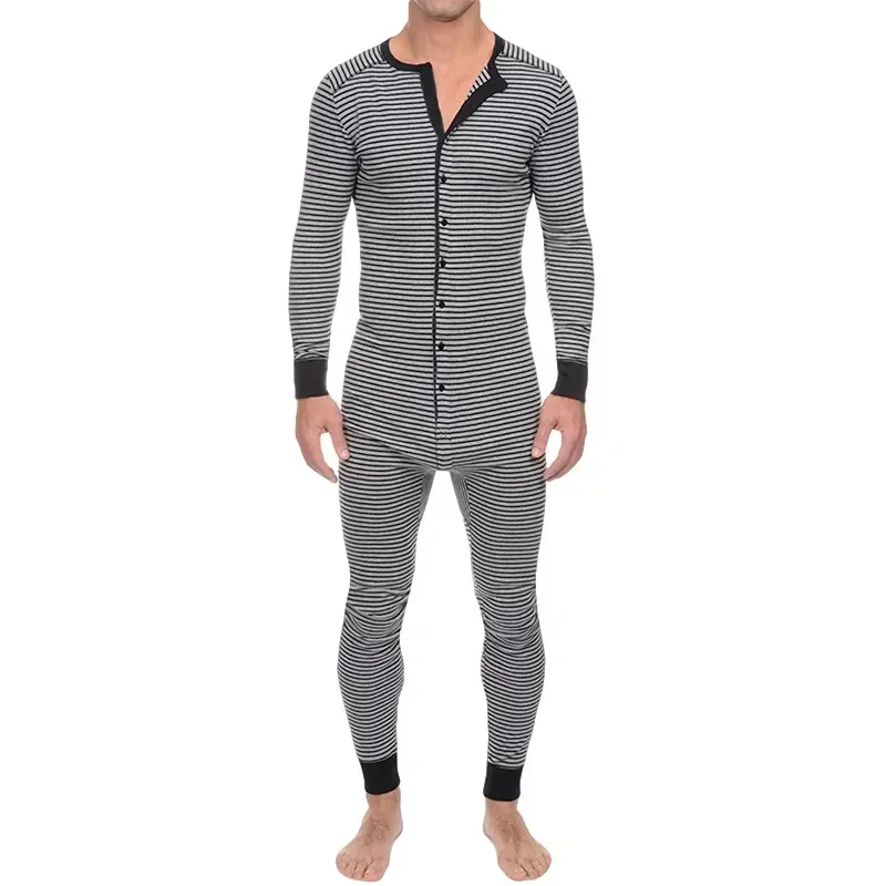 Comfortable Mens Nightwear Sleepwear Long 3Xl One Piece Striped Jumpsuit Male Button Underwear Pajamas Homewear Sleeve