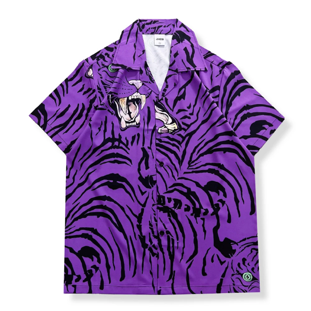 Purple Tiger Full Printed Thin Material Men's Shirt Summer Button Down Collar Shirts for Men Male Top