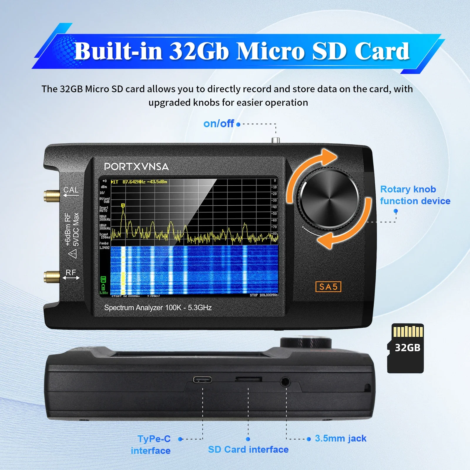 محلل الطيف PORTXVNSA SA5 محلل الطيف المحمول 100k-5.3 جيجا هرتز 2 في 1 4 بوصة IPS LCD مولد إشارة قابل للربط بالكمبيوتر