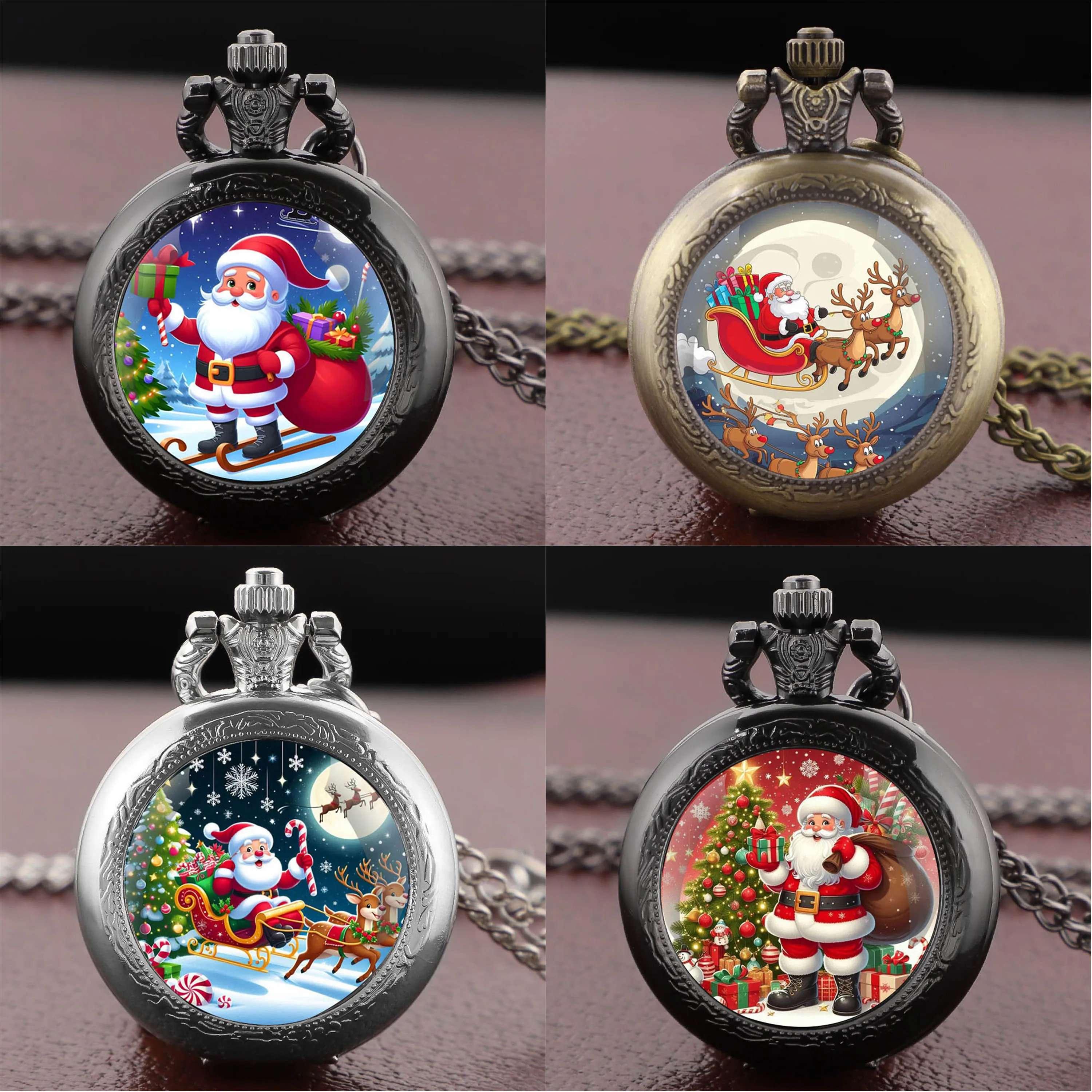 

Нежные рождественские часы с дизайном Санта-Оленя, стеклянный купол, кварцевые карманные часы с цепочкой, мужские и женские подарки Relogio De Bolso