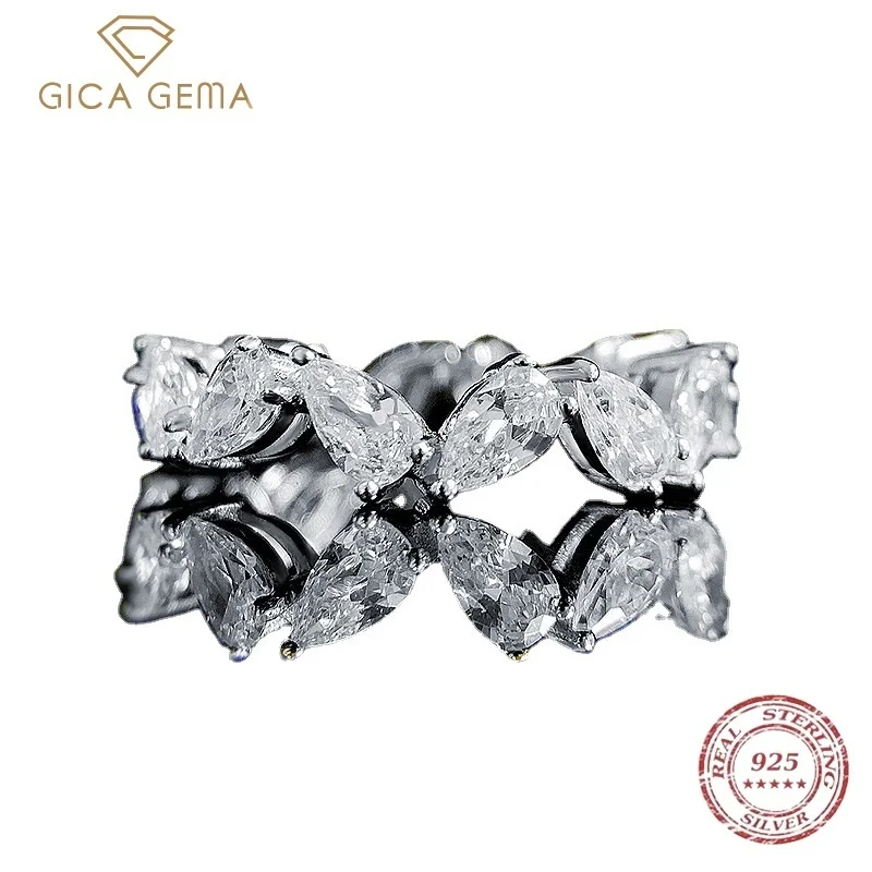 Gica Gema New 925 Sterling Silver Pear Cut 3*5mm Simulated Moissanite Diamond Row Ring Wedding Engagement Jewelry Gift For Women