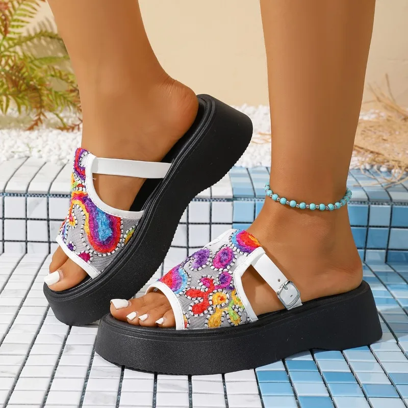 

Новинка 2025, внешняя торговля, большие размеры, женские однотонные повседневные тапочки на платформе с одной пряжкой