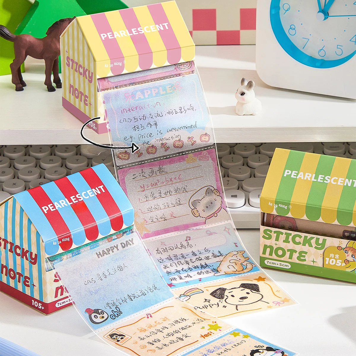 105 Sheets Transparent Sticky Notes with Pull-Out Dispenser, Waterproof Shimmer Index Tabs, Cute House Memo Pads for Journaling,