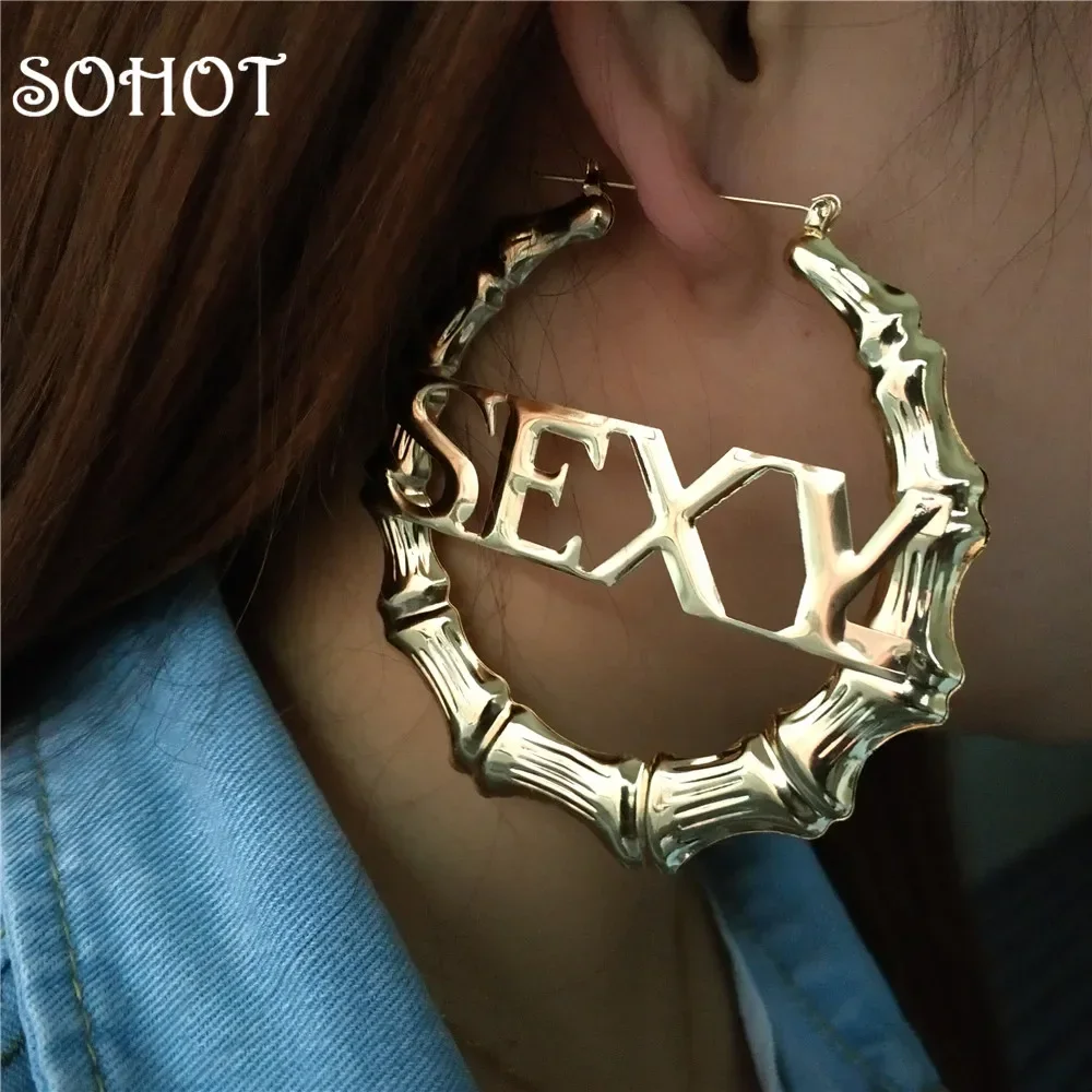 SOHOT Punk Style Bamboo Hoop Earrings Charm Gold Silver Color Letter Sexy Sign Basketball Wives Major Jewelry For Summer Party