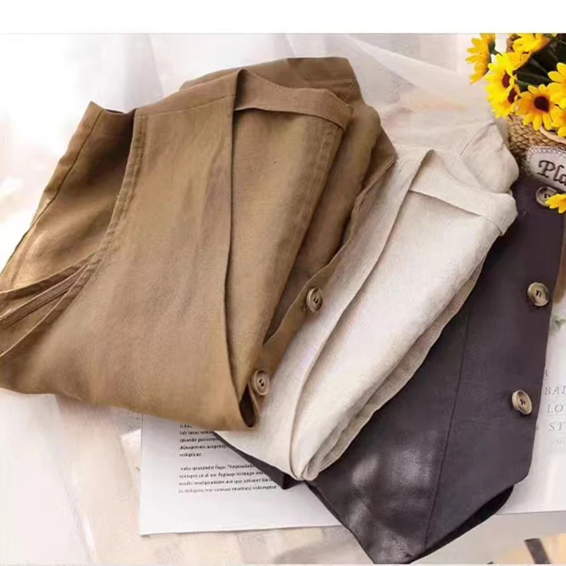 2024 Retro Loose Waistcoat Lady Outerwear Single Row Buckle Cardigan Vest Women Coat Solid Color Short Sleeveless Female Jacket