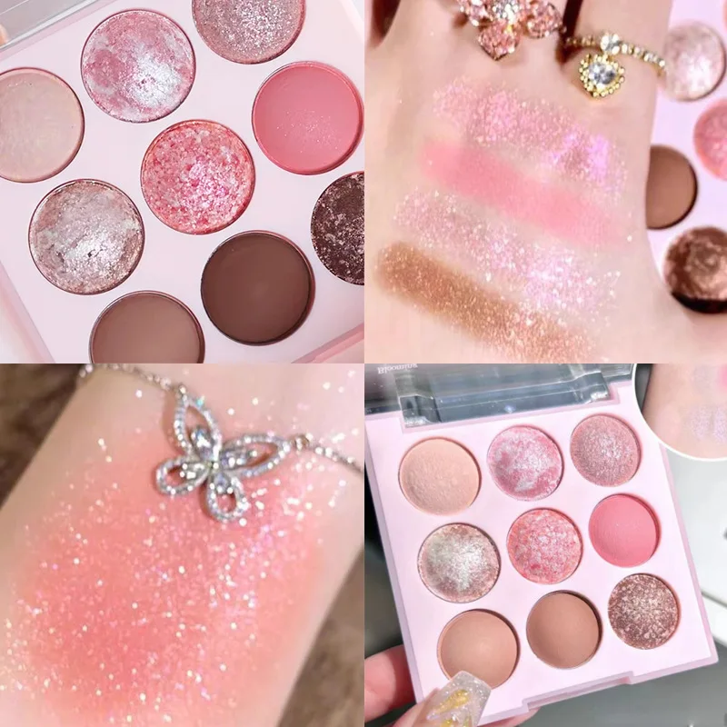 Palette di ombretti gelato a 9 colori Piastra rosa opaca perla Ombretto a lunga durata Rossetto Fard in polvere per cosmetici da donna
