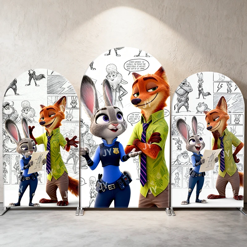 

Zootopia Theme Nick and Judy Arch Backdrop Cover Photography Background for Kids Birthday Party Disney Themed Event Decorations