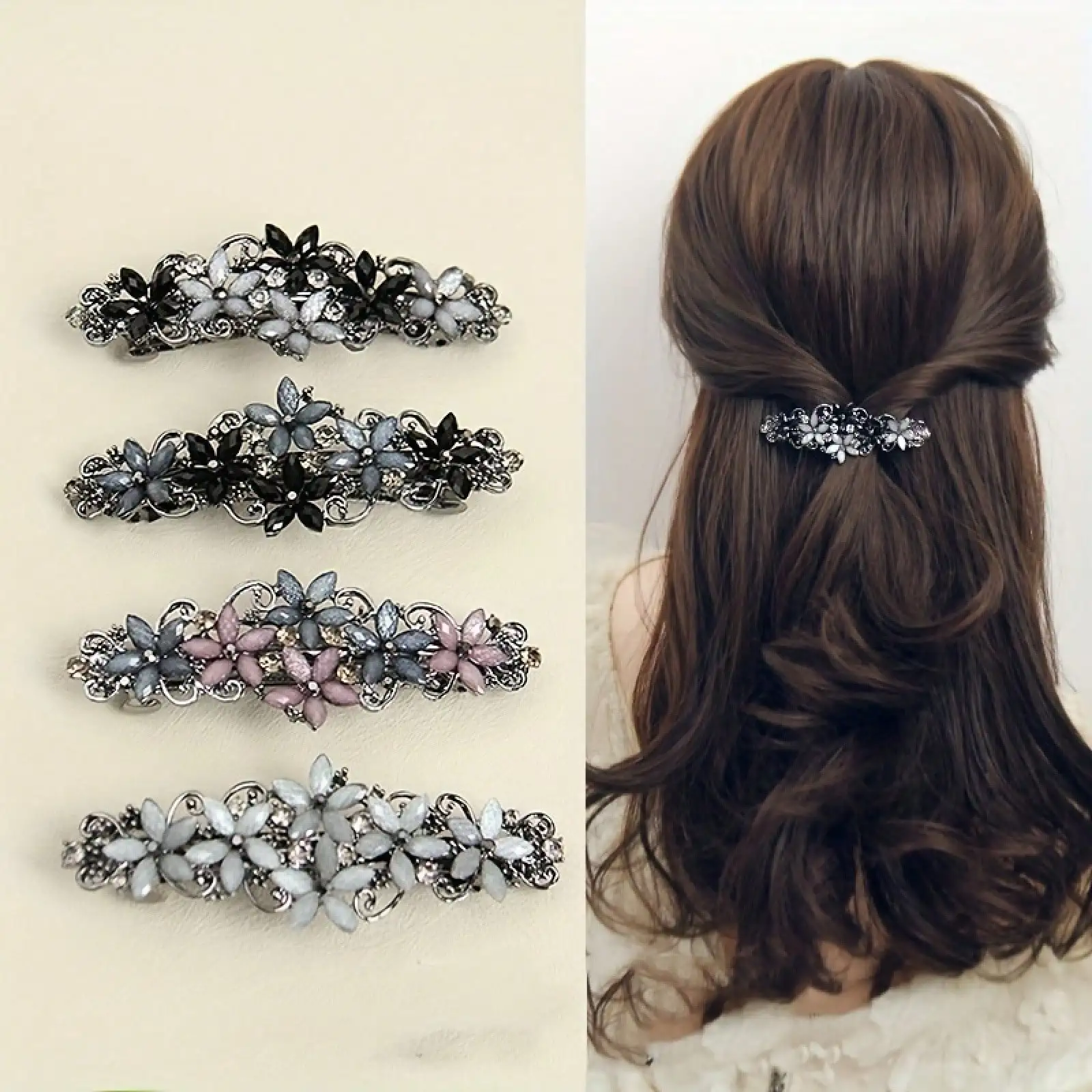 

Elegant Floral Rhinestone Barrette Hair Clip for Women and Girls