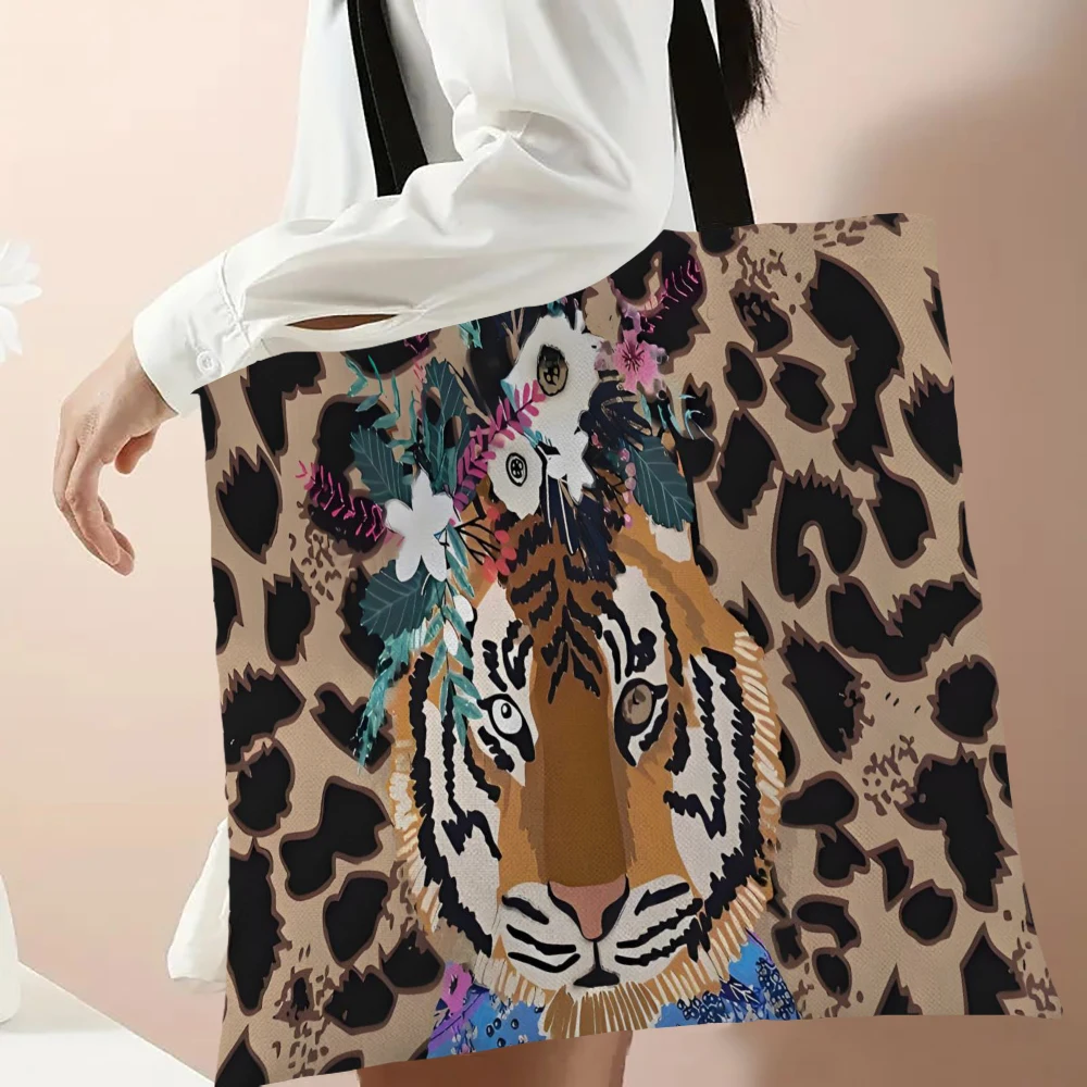 1pc Modische Tiger Leopard Print Handtasche Große Kapazität Blume Drucken Casual Pendler Frauen Schulter Tasche Einkaufstasche