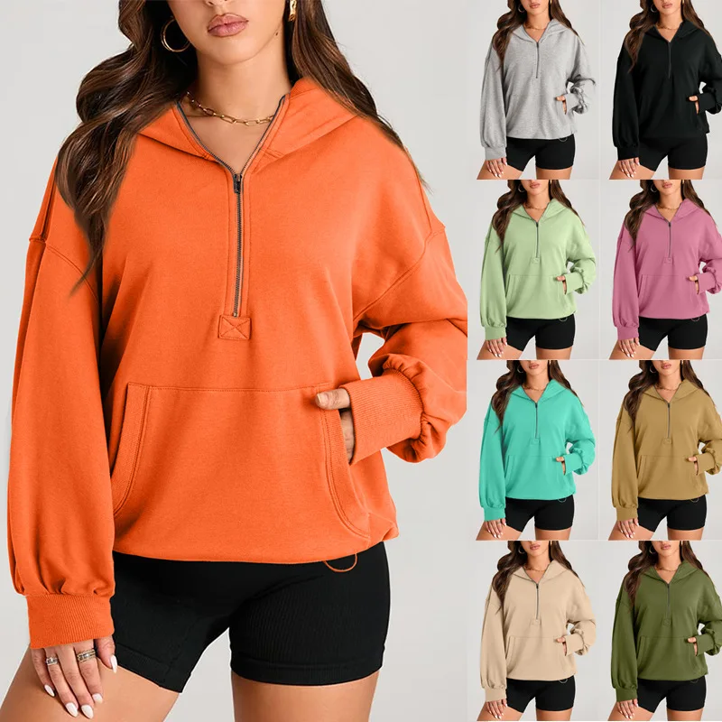 

Women's Solid Color Hoodie 2025 Autumn Winter - Long Sleeve Zip Up Sweatshirt with Pockets Casual Sportswear