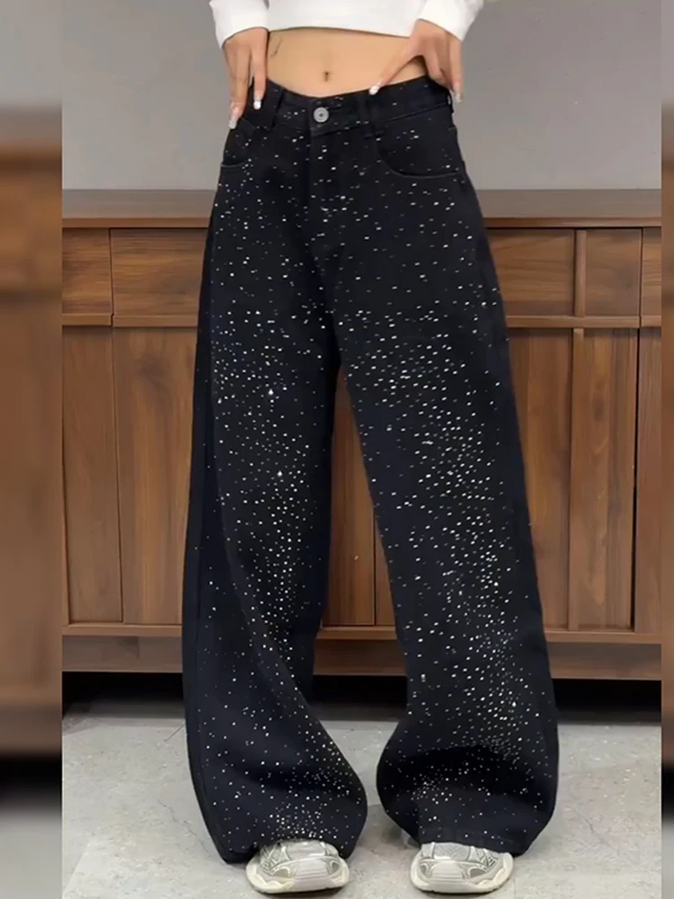 

Retro American High Street Design Spicy Girl Vintage Distred Wide Leg Denim Jeans Women's Loose Floor Length Pants