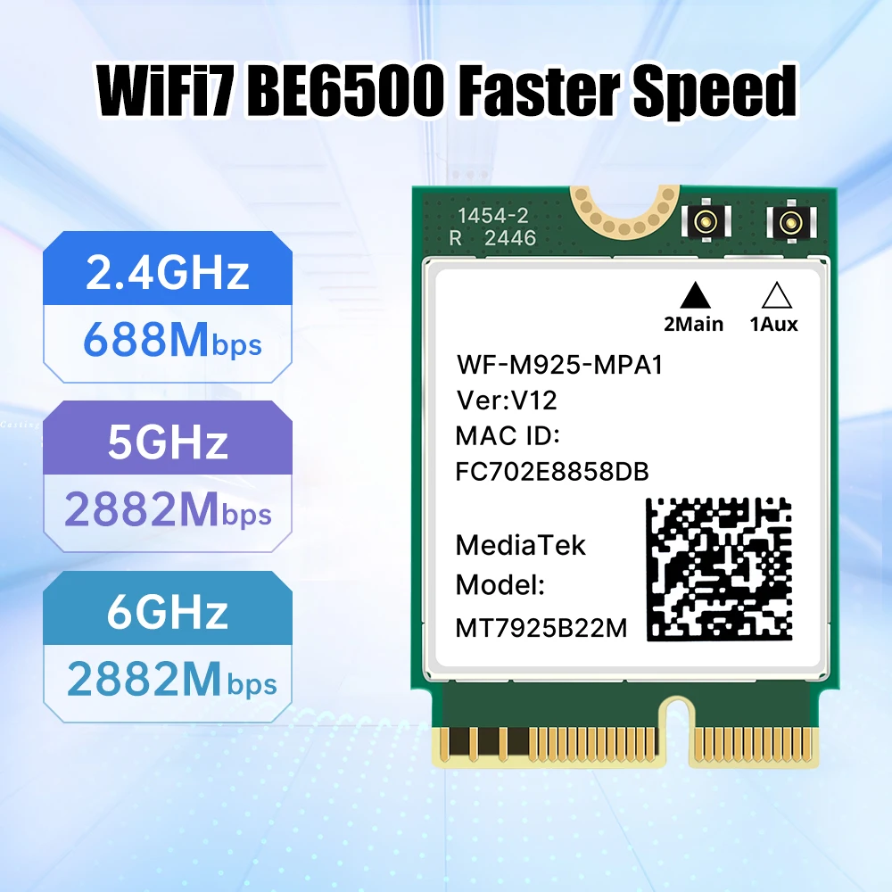 Karta sieciowa WiFi 7 MT7925 BT5.4 6500Mbps 802.11BE z zewnętrzną anteną M.2 Key E Ethernet Adapter WiFi dla Win10/11 — zdjęcie produktu 3