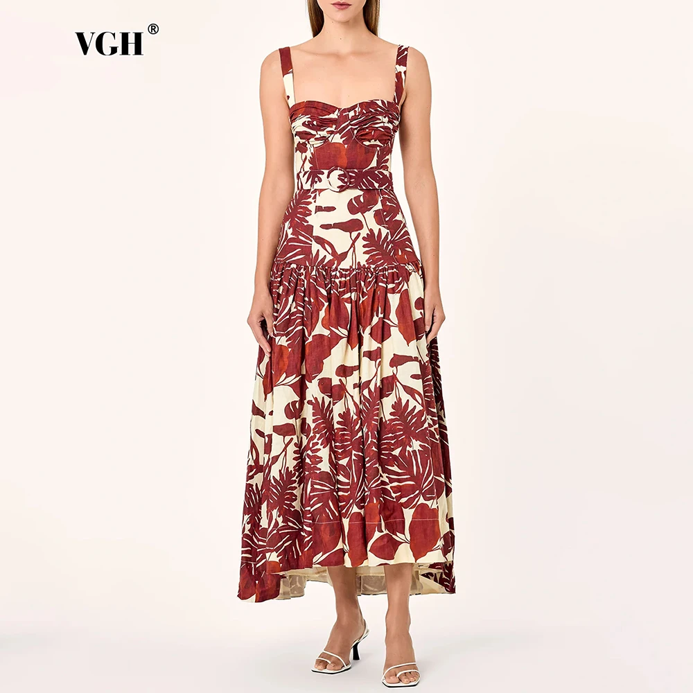 

VGH French Vintage Floral Printing Long Dresses for Women Square Collar Sleeveless High Waist Patchwork Belt Folds Dress Female