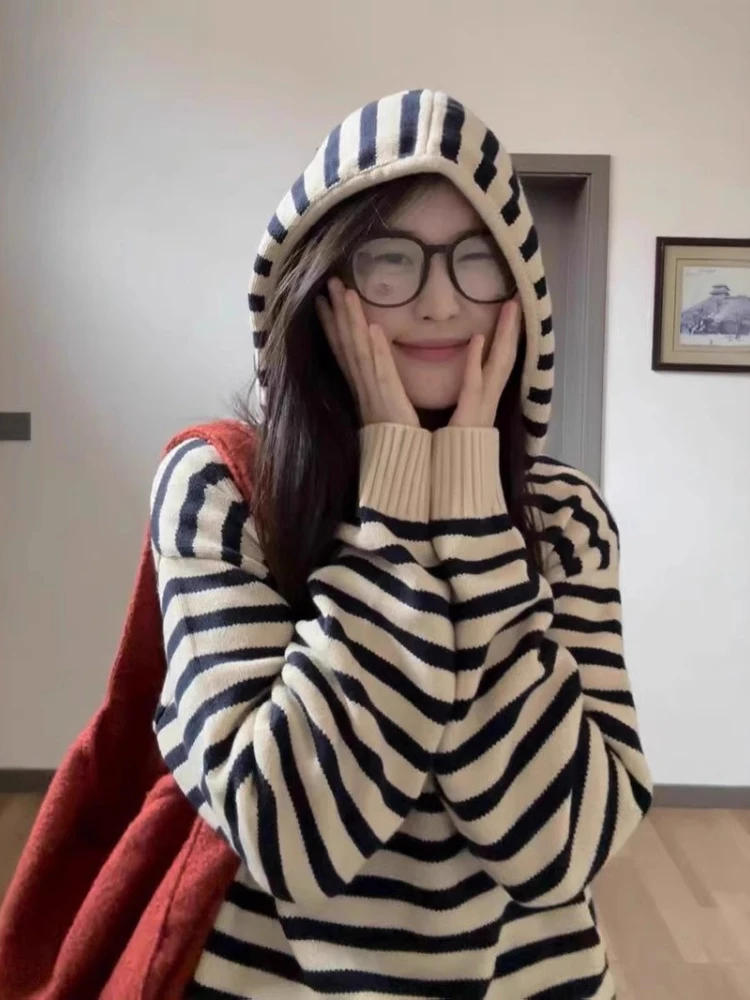 

Y2K винтажная полосатая толстовка с капюшоном, женские футболки большого размера, 2025 ретро, американская уличная одежда, пуловеры, корейские модные толстовки