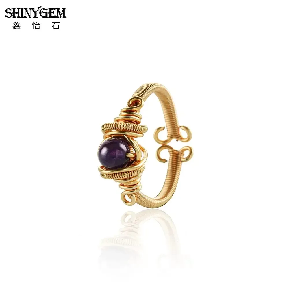 

SHINYGEM Handmade Wrapped 18K Gold Plated Opening Resizable Ring Women Natural Amethyst Gemstone Jewelry Master Handcrafted Ring