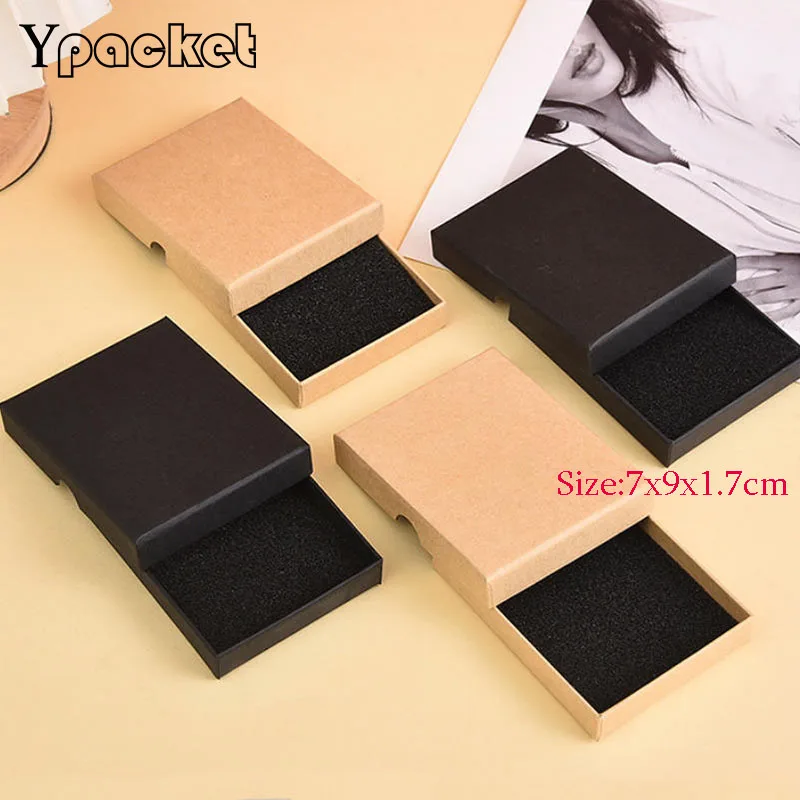 

50cs/Lot Black Kraft Paper Jewelry Box 9x7x1.cm Paper Box Ring Earring Pendant Necklace Jewellery Organizer Wedding Gift Boxes