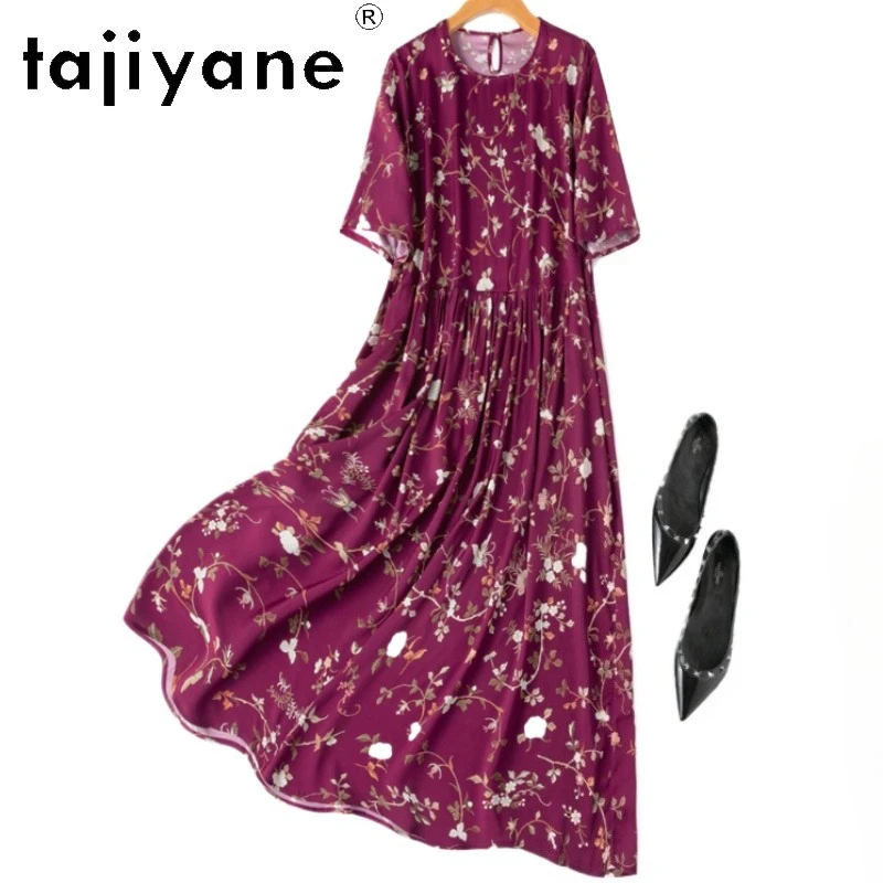 

TAJIYANE 93% Mulberry Silk Dresses 2025 Woman Summer Casual Printed Long Dress Burgundy Frocks Women Clothing Vestidos Largos