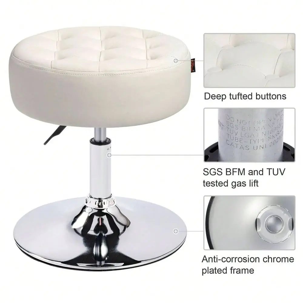 Wide Vanity Stool For Makeup Room MidCentury ButtonTufted Faux Leather Round Ottoman For Bedroom Luxurious Swivel Adjustable Fo