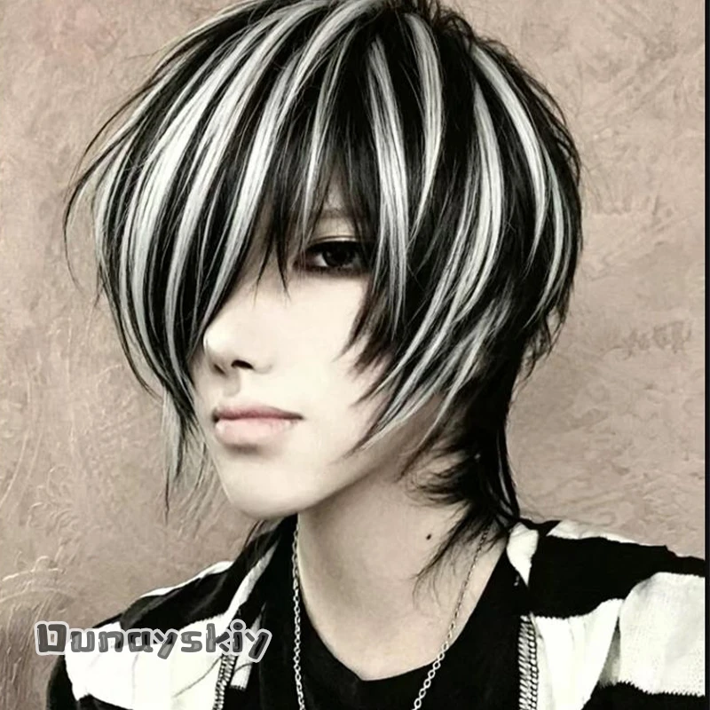 Jirai Kei Y2k ABY Style Black and white highlighted Wig Short Wolf Tail Synthetic Hair Anime Halloween Costume Role Play Wigs