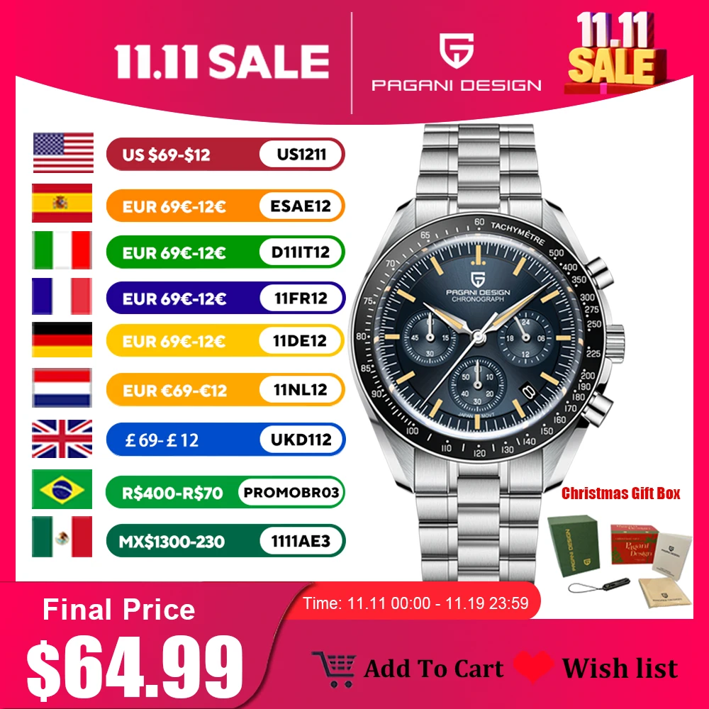 PAGANI DESIGN 2025 뉴 문 남성용 시계 남성용 럭셔리 쿼츠 시계 VK63 크로노 그래프 AR 사파이어 미러 세라믹 베젤 빛나는