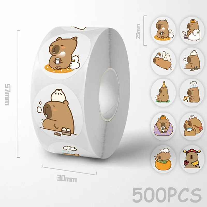 

500Pcs/Roll Capybara Sticker Cartoon Anime Sticker Decoration Kids Album Diary Envelope Sealing Paper Tape Kids Toys