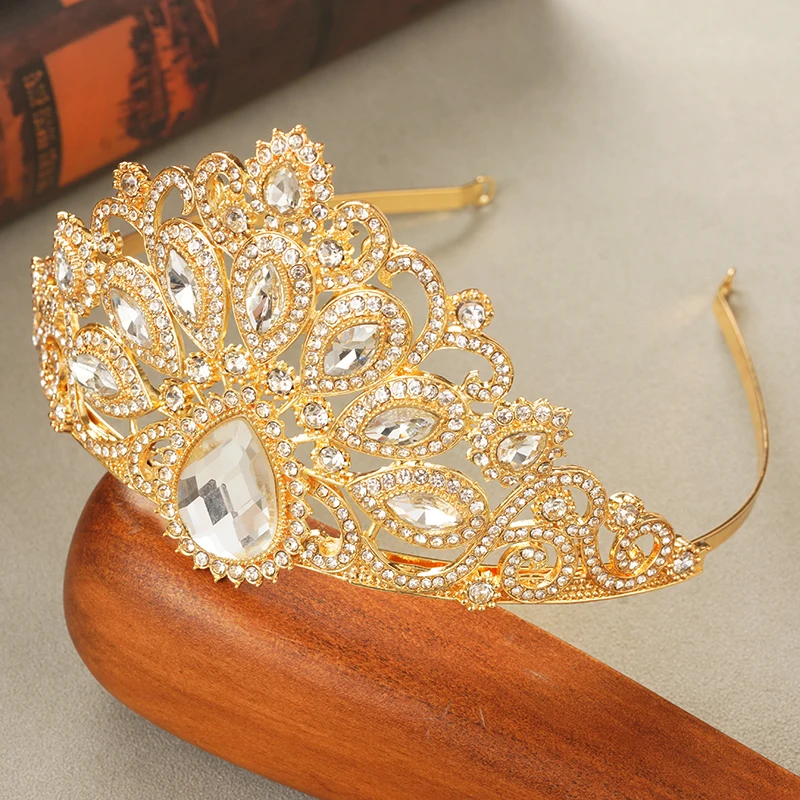 Ethnic Bride Headdress Luxury Rhinestone Crown Tiaras Headband Women Wedding Hair Jewelry Bride Headpiece Gold Plating