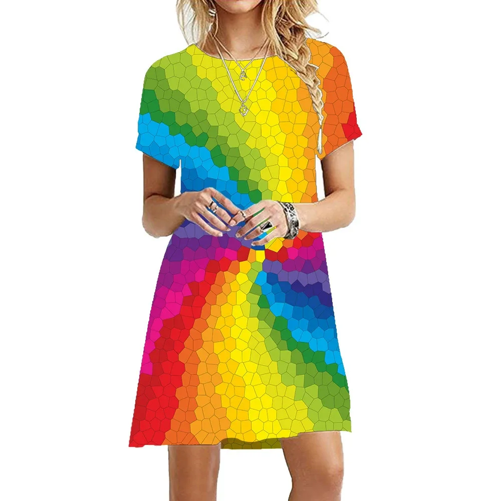 

Новые уличные радужные цвета с градиентом, женские мини-платья, летнее свободное женское платье с коротким рукавом и 3d принтом 3XL, повседневное платье больших размеров