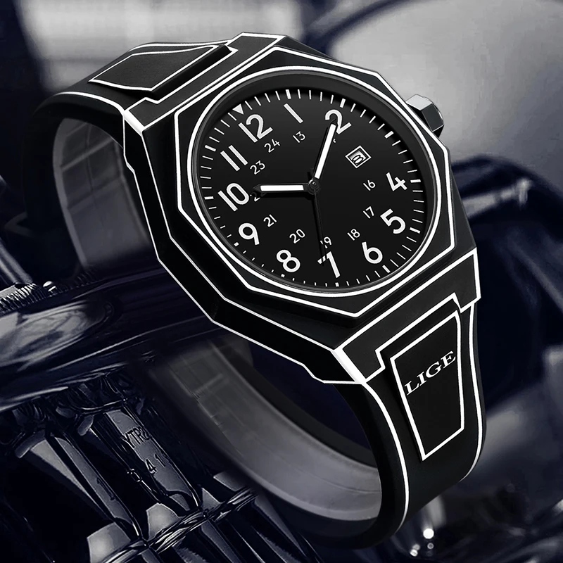 LIGE موضة الساعات الإبداعية للرجال عادية رياضية رجالية كوارتز ساعة اليد سيليكون مقاوم للماء تاريخ كرونوغراف Relogio Masculino