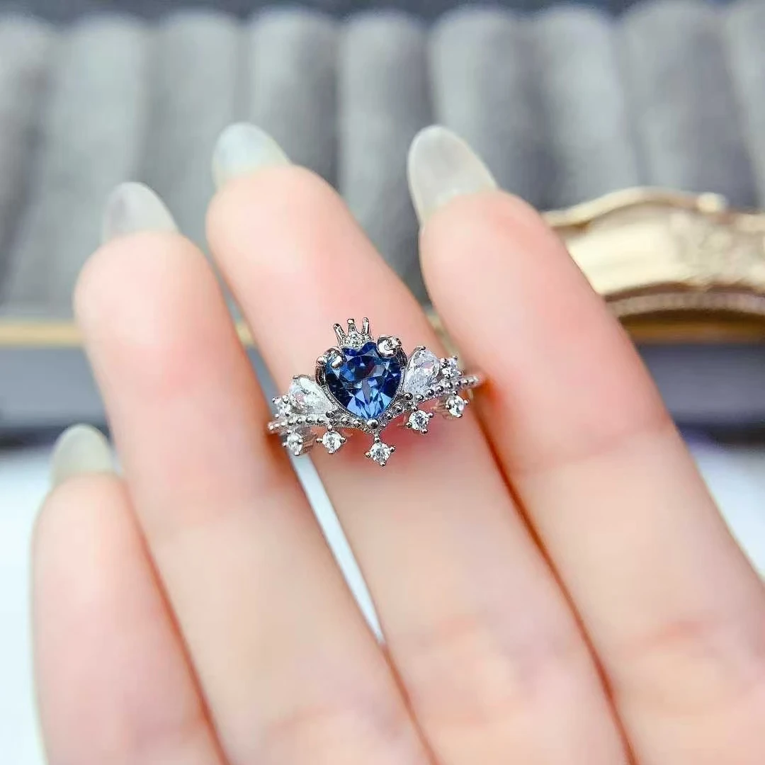 Genuine London Blue Topaz Ring with Certificate Vintage 925 Silver Crown Ring 6mm 0.7ct Natural Topaz Jewelry with Certificate