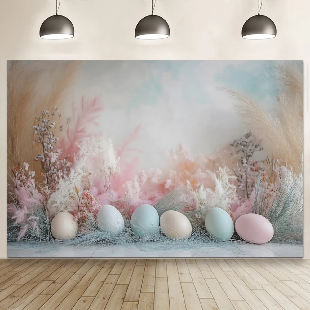 Pink Spring Eggs Easter Theme Photography Background Boho Floral Easter Party Birthday Art Portrait Backdrop Photo Studio Prop