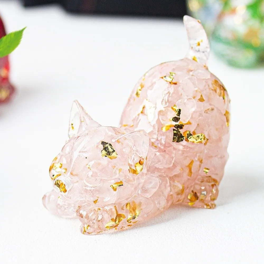 Gifts Curled Tail Crystal Cat Figurine Gold Foil Accents Handcrafted Style Cat Ornament Desk Ornament Living Room Decor