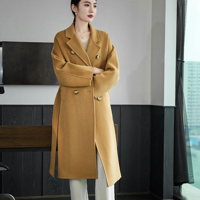 2025 Blue Long Women's Coat Autumn Winter New 100% Pure Wool Double-Breasted High-End Women's Jacket Versatile Women's Clothing