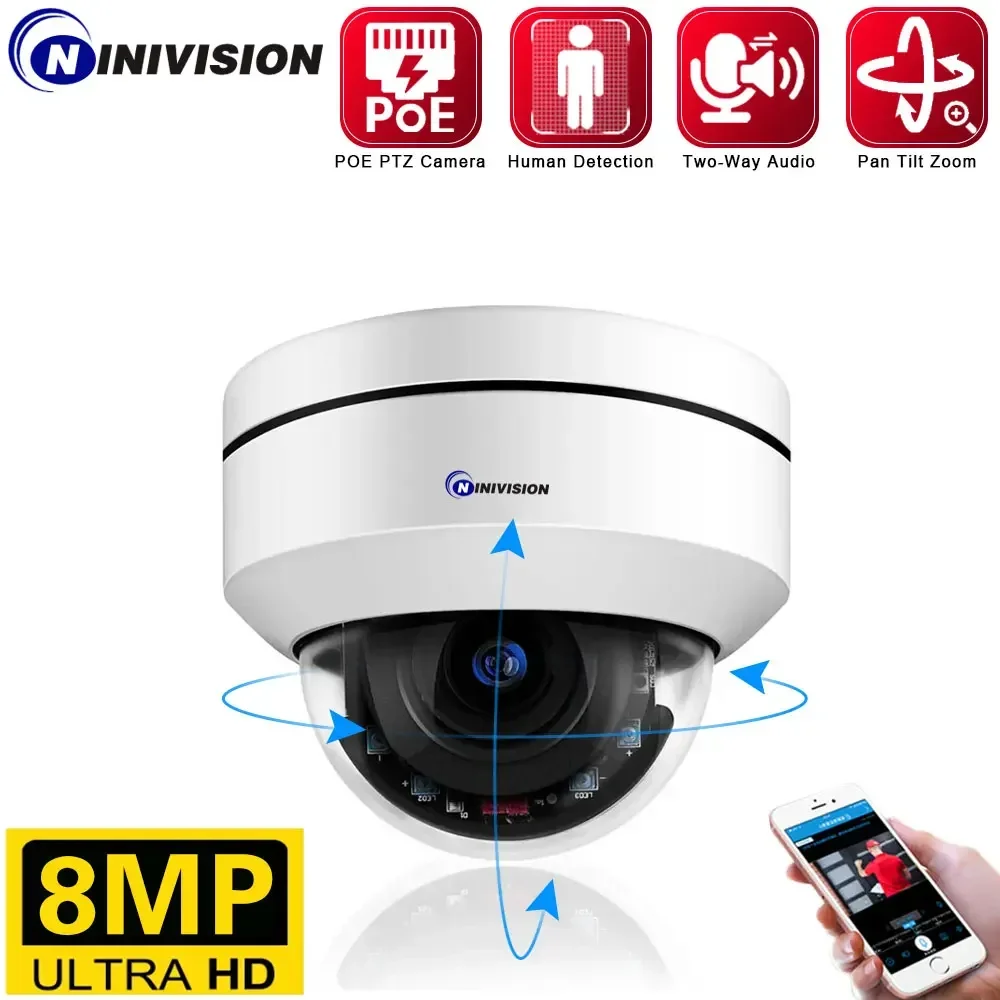 

8MP PTZ Dome Security IP Camera For NINIVISION Compatible POE 4X Zoom H.265 IP66 CCTV Surveillance IR 100m Security Protectio