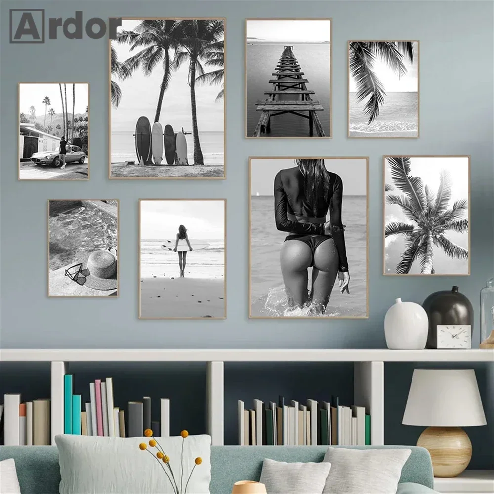 Black And White Palm Leaf Surfboard Bridge Beach Girl Sea Wall Art Canvas Painting Posters And Prints Pictures Living Room De