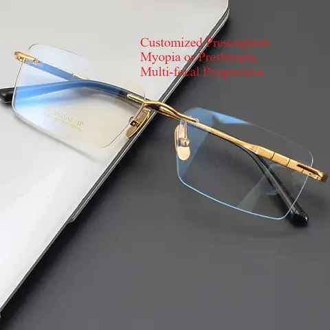 Prescription Glasses Men Titanium Frame Rimless Custom Photochromic Anti-Blue Light Myopia Hyperopia Lenses 91092