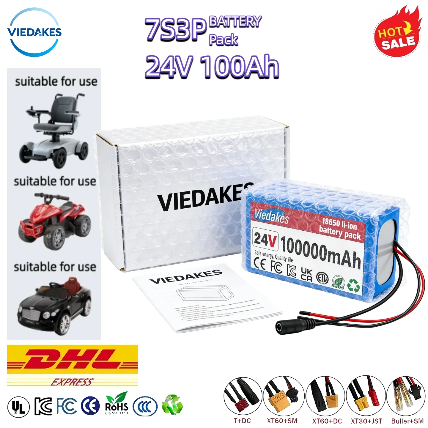 

Новые аккумуляторные батареи VIEDAKES 24V 100Ah LiFePO4 7S3P 18650, блок питания, стабильное питание для гольф-каров