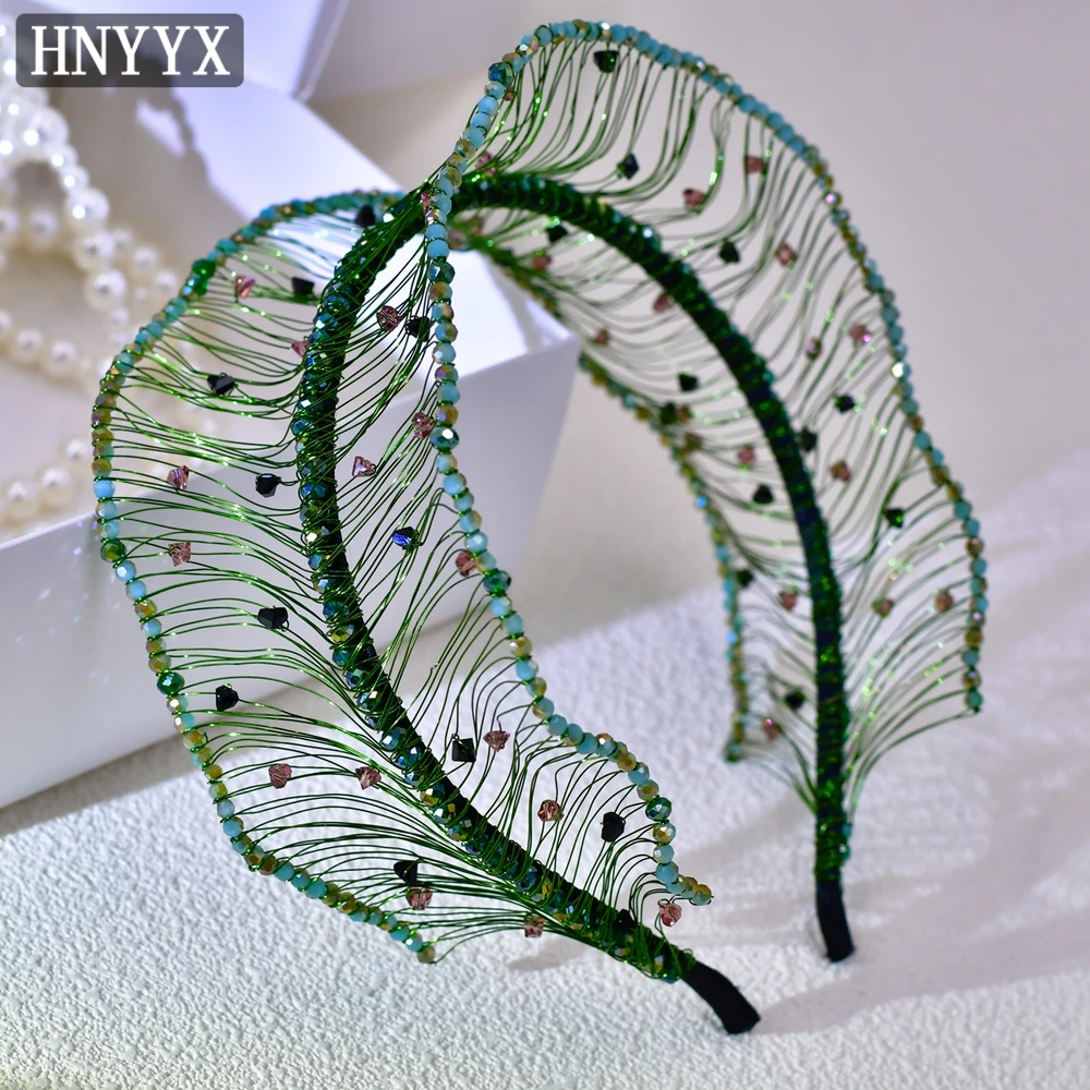 

HNYYX Green Color Crystal Crown Headband Hair Accessories Handmade Beaded Wide Hair Hoop Women Party Wedding Headpieces A26