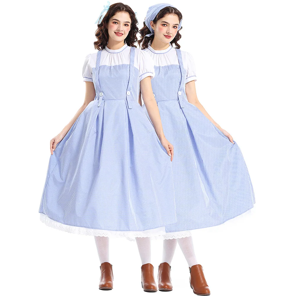 Adult Dorothy Gale Alice Dress Costume Cosplay Pastoral Style Blue Lattice Farm Dress Party Stage Performance Costume