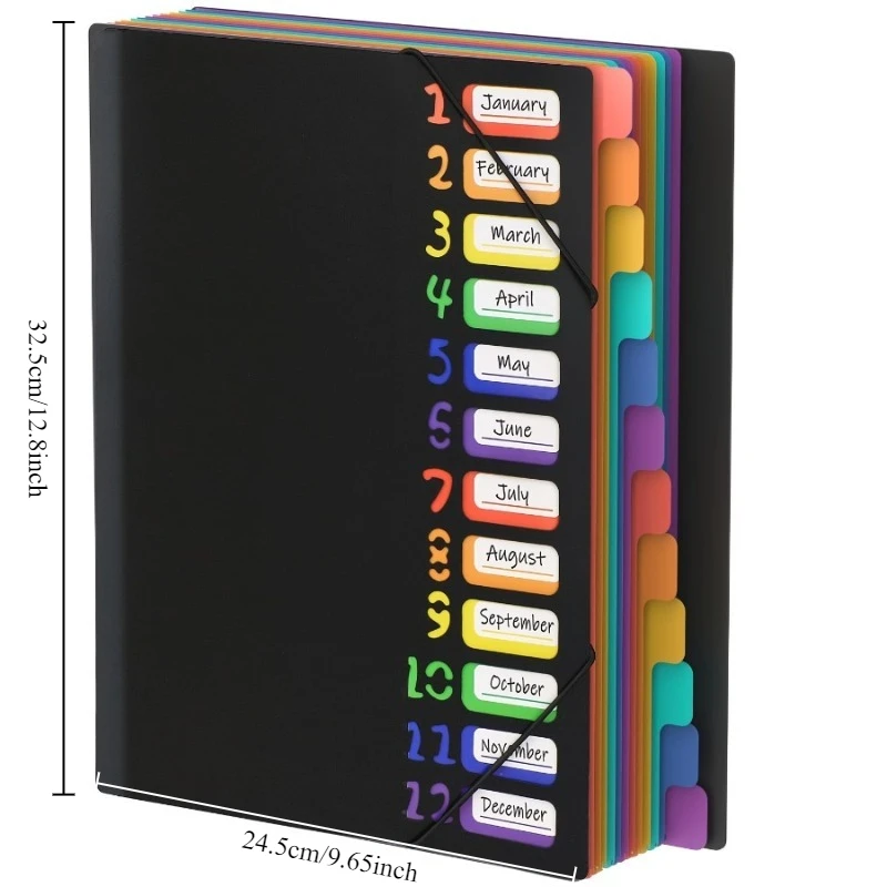 1Pc Black/White Cover Multi-Layer A4 Folder With Rainbow-Colored Tabs & Dividers - Durable Plastic Document Organizer, For Schoo