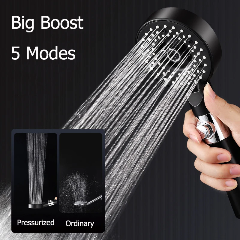 Black Silver Shower Head with Filter 5 Modes Adjustable One-Key Stop Water Massage Handheld Eco Showerheads Bathroom Accessories