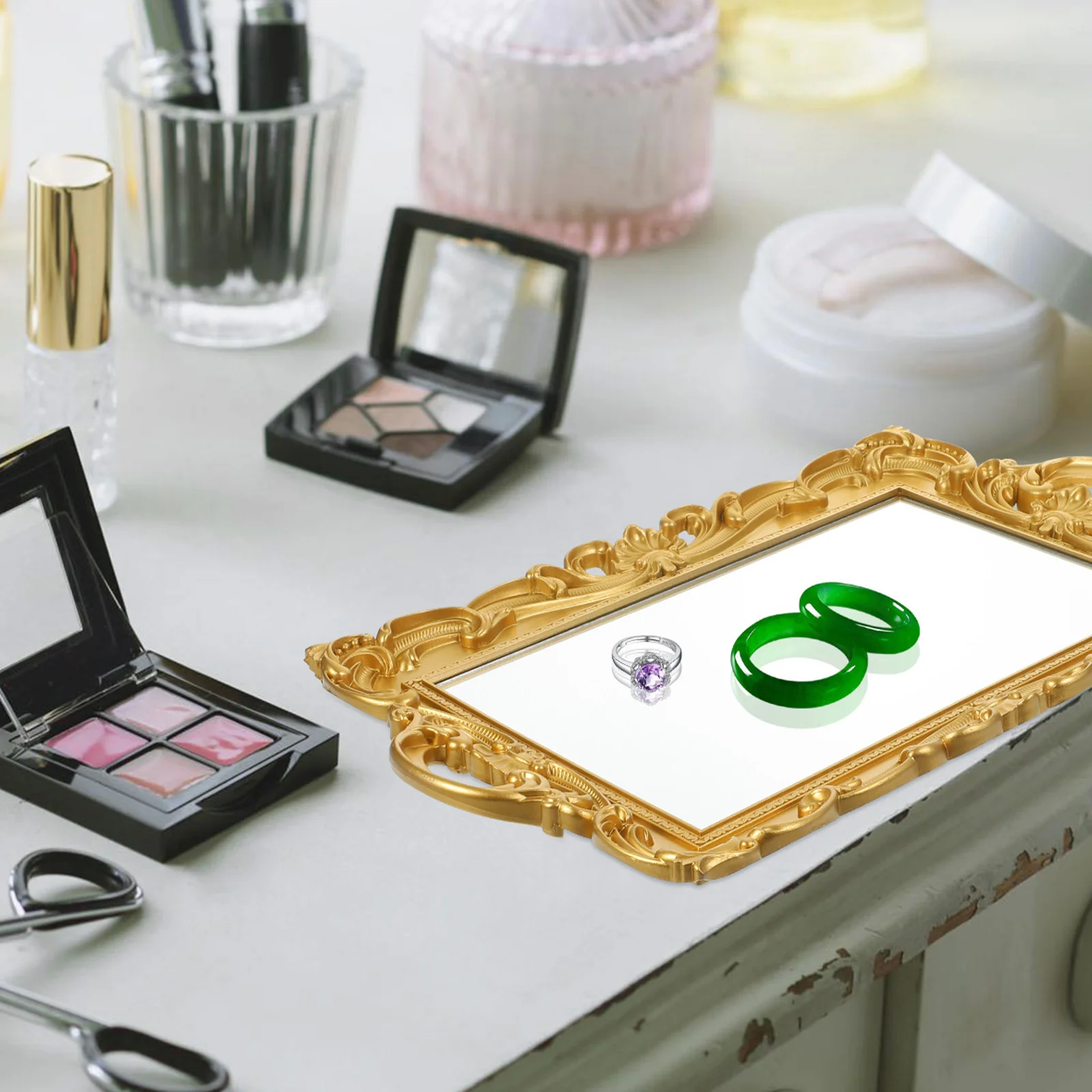 

1Pcs Retro Small Tray Exquisite Mirror Surface Elegant Dressing Table Tray Practical Multi-Purpose Home Furnishing