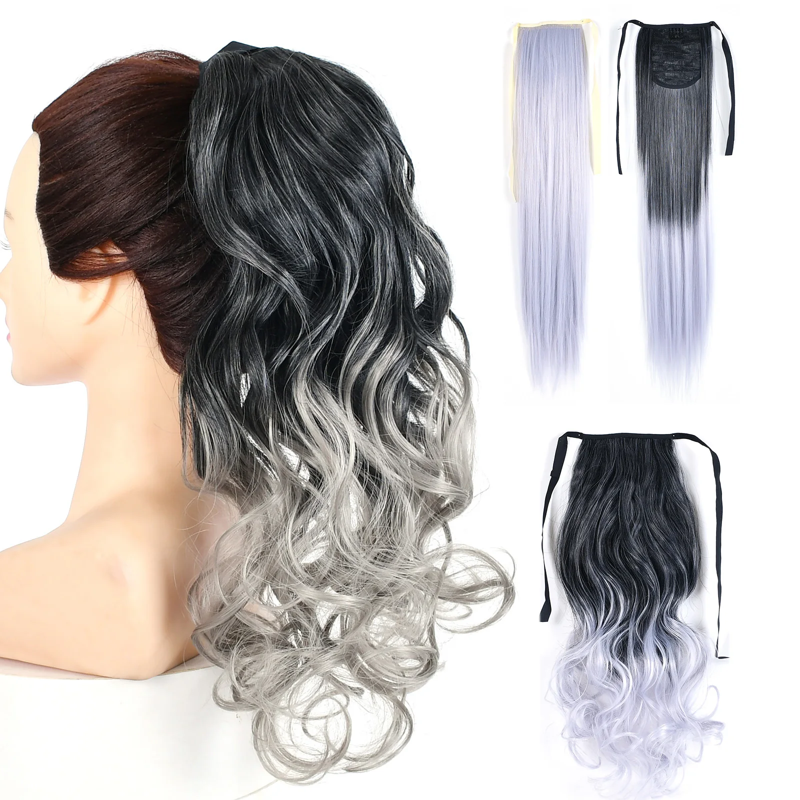 Jeedou Grey Ponytails Hair Extension Long Wavy Straight Gray Ribbon Drawstring Ponytail for Women Easy Wear Synthetic Hairpiece